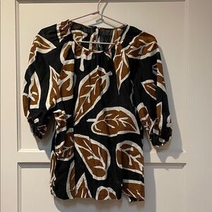Who What Wear Leaf Linen/Cotton Print Black and Brown Women's Top L/XL